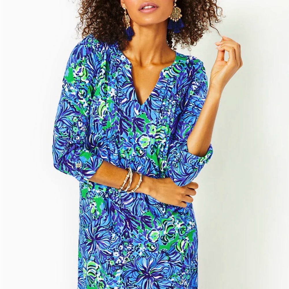 Lilly Pulitzer Blue & Green Floral V-Neck Coverup Dress